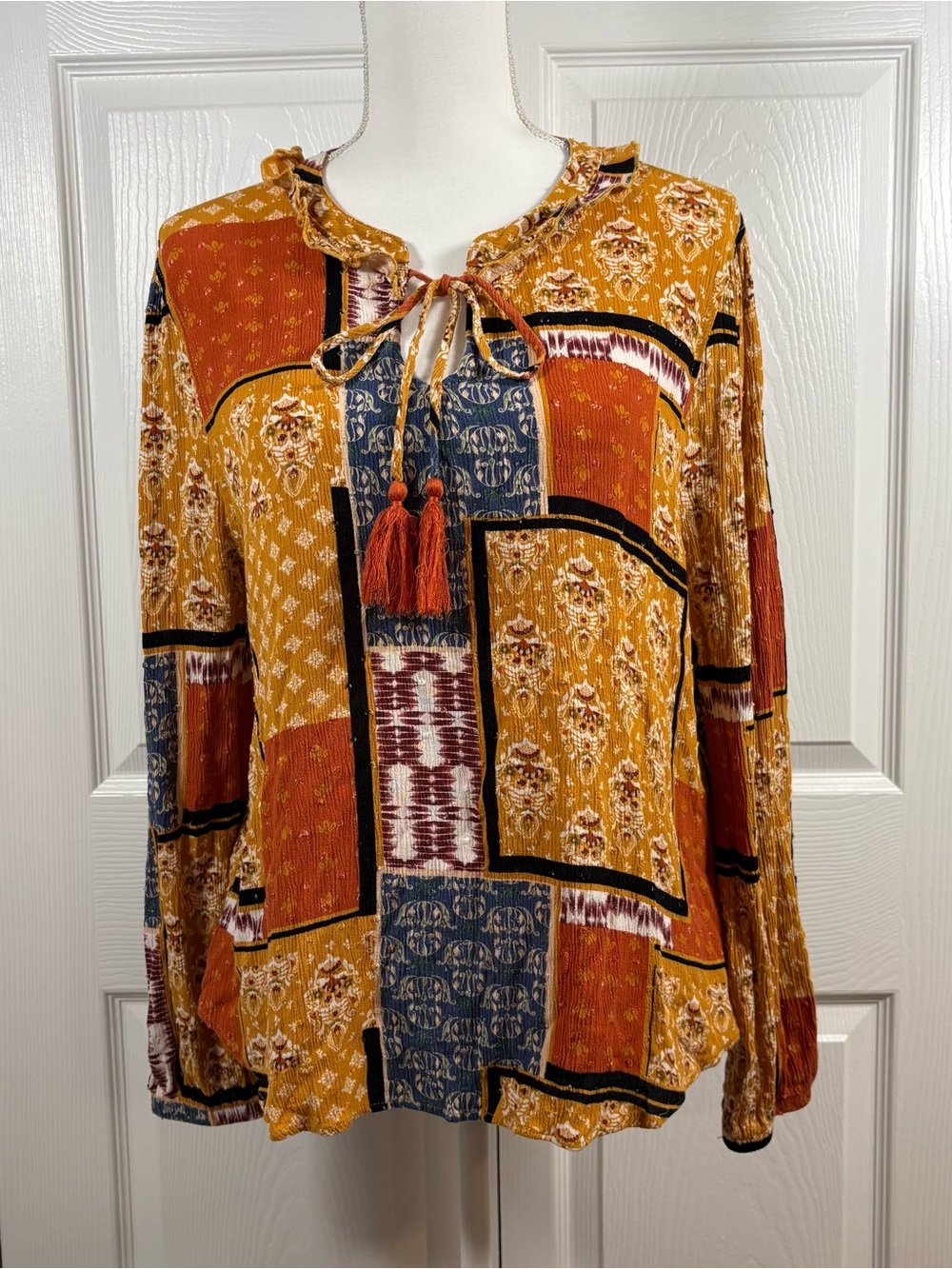 Boho Patchwork Rayon Peasant Blouse Tassel Tie Crinkle Festival Large